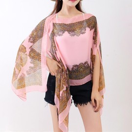 Xunger Women's Floral Ice Silk Cooling Sunproof Shawl UV Blocking Lightweight Multi-Way Wrap Beach Cover-Up Chiffon Scarf(1032-BlushPink-OneSize-RD)