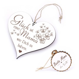Mama Wooden Decorative Heart - Glück ist eine Mama wie Dich zu haben+ Pendant Beste Mama der Welt - Mother Mum Christmas Birthday Mother's Day Vintage Wooden Sign Wooden Hearts