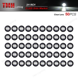 TMH 50 Pcs 3/4 Inch White Light 3 LED Clearance Markers Side Marker Indicator Lights Mini Round Front Rear 3 LED with Rubber for Truck Trailer Car Bus 12V DC