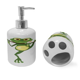Ambesonne Animal Soap Dispenser & Toothbrush Holder Set, Little Frog on Branch of The Tree in Rainforest Nature Jungle Life Art Earth, Ceramic Bathroom Toiletry Accessories, 2 Pcs, Green White Yellow