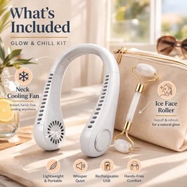 Glow & Chill Essentials Kit - Rodillo de cara de hielo y ventilador de cuello portátil para hinchazón, sofocos y alivio del cuidado de la piel - Juego de regalo de cuidado personal para mujeres y