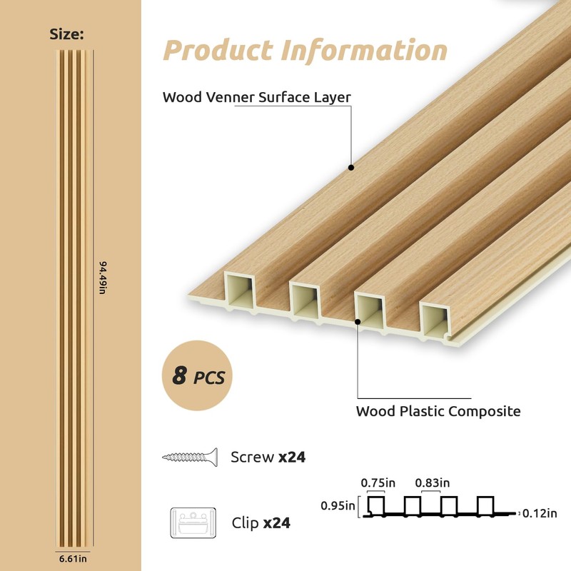 WPC Slat Wall Paneling, Modern Accent 3D Wall Panels, 8-Piece