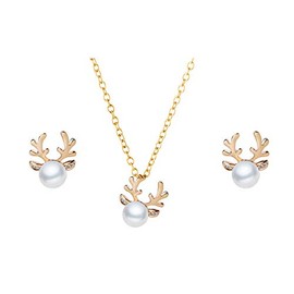 COLORFUL BLING Christmas Crystal Reindeer Stud Earing Necklace Set Cute Small White Pearl Studs Earing Antler Deer Pendant Necklace Earpin Xmas Birthday Gift for Women-Gold