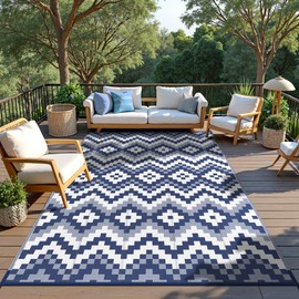GENIMO Outdoor Rug Waterproof 5x8 ft, Lightweight Plastic Straw Rugs, Outside Reversible Area Mat Carpet for Patio, Camping, RV, Deck, Balcony, Porch, Backyard, Blue & White