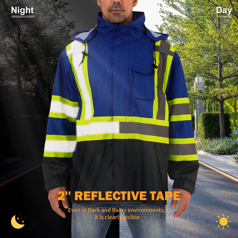 DPSAFETY Reflective Rain jackets for men waterproof,Hi Vis Safety Coat