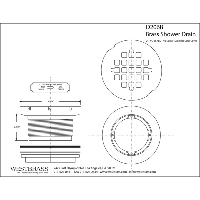 Westbrass D206B-26 2" No-Caulk Brass Compression Shower Drain with 4-1/4"