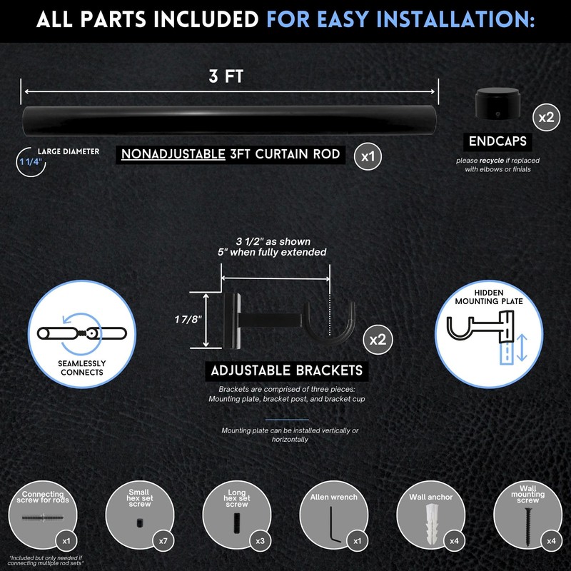 BlastHome® Non-Adjustable Luxury Curtain Rods for Windows, 1 ¼” Rod