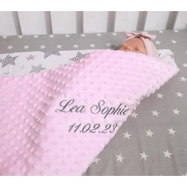 BotoBaby ★ Double Layer Baby Blanket with Name and Date Embroidered ★ Minky ★ Cotton ★ Filling ★ (Light Pink - Stars, 75 x 100 cm)