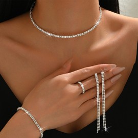 4 Pcs Wedding Jewelry Set for Women Dainty Sterling Silver Tennis Necklace Ring Bracelet Earrings Sets Sparkly Crystal Brides Bridesmaid Prom Formal Costume Accessories (Silver 1)