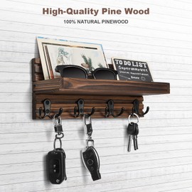 L'Aube Key Holder for Wall, Chalkboard, Wall Mounted Mail Organizer, Decorative Rack with 4 Double Hooks, Rustic Mail Shelf, Wooden Key Hanger for Entryway Décor, Simple Design and Beauty, Dark Brown