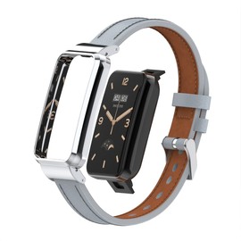 HOPMC Adjustable and Comfortable Leather Replacement Band With Metal Frame Compatible With Xiaomi Band 7 Pro (not include tracker) (Grey)