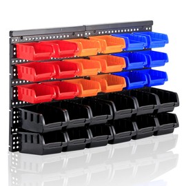 RIVTUN Wall Mounted Storage Bins Parts Rack 4 Colors Garage Plastic Shop Tool Organizer, ABS Plastic Garage Rack, Screw Storage 30 Bins