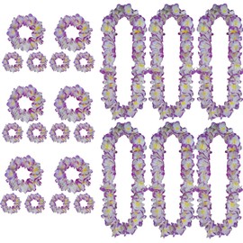 KIWILEPI 24pcs Thickened Hawaiian Leis, Halloween Fall Wedding Leis Tropical Flower Purple Lei for Luau Party Jumbo 6 Headband 12 Bracelets 6 Floral Necklace Hula Dance Carnival Costume Christmas