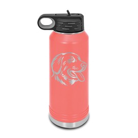 Mister Petlife Golden Retriever Laser Engraved Water Bottle Customizable Polar Camel Stainless Steel Many Colors Sizes with Straw - Head dog canine pet - 32 oz - Coral