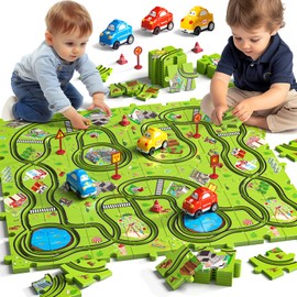 JUKUDAHU 64 Pieces Puzzle Race Track Car Set Toys for 3 4 5 6 Year Old Boys - Puzzle Tracks Car Toys for Kids Ages 3-5 with 3 Sliding Toy Cars, Animals-Themed, Birthday Gifts for Toddlers 1-3 2-4 4-6
