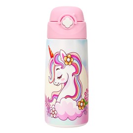 Ntswasd Children's Stainless Steel Drinking Bottle, Straw, Thermos Flask, 500 ml, BPA-Free, Leak-Proof Thermal Water Bottle for School, Nursery (Unicorn)