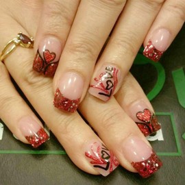 24Pcs Valentine's Day Nails French Tip Press on Nails Short Heart Fake Nails Romantic Love Letter Full Cover Glue on Nails Red Glitter Flakes French Nails Tip Acrylic Nails Valentines False Nails Set