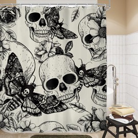 LGhtyro Gothic Skull Moth Shower Curtain Bathroom Set 60Wx71H Inches Black DeathHead Scary Skeleton Spooky Flower Mysterious Bath Accessories Retro Plant Butterfly Art Home Decor Fabric 12 Pack Hooks