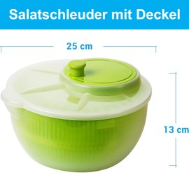 Salad Spinner with Lid, Salad Dryer, Set of 2, Diameter 25 cm, Height 13 cm, 4 Litre Capacity, with Spout, Dishwasher Safe, Robust PP Material, Green/Transparent, Premium EU Quality