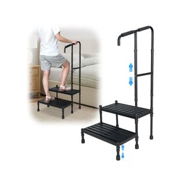 2 Step Stool with Handle for Elderly Seniors, Bedside Steps for High Beds Adults Medical, Safety Car RV Steps Platform with Handrail Heavy Duty Adjustable, Handicap Metal Non Slip Stepping Stool