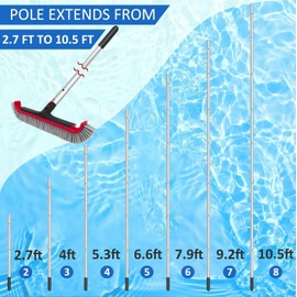 Swimming Pool Brush with Pole - 17.5" Wall Brush with 10FT Adjustable Aluminum Pole, Nylon Bristles, Curved Ends, EZ Clip Handle, Pool Brush for Cleaning Walls, Tiles & Floors
