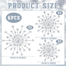 Barydat 6 Pcs Metal Rhinestones Sunburst Wall Decor Bling Crystal Home Decorative No Punch Rhinestone Wall Hanging Diamond Accents for Living Room Entryway Bedroom (Silver,25cm, 20cm, 15cm)