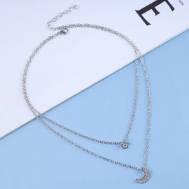 Inilbran Boho layered Moon Star Necklace Vintage Moon Pendant Necklace Silver Crystal Star Moon Necklace Celestial Moon Crescent Choker Necklace Jewelry for Women and Girls