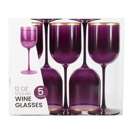 PLASTICPRO Plastic Wine Glasses Set of 5 Elegant Wine Goblets Hard Plastic Wine Cups on Stem 12 Ounce (Purple with Gold Rim, 10)
