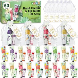 AZEN 50 juegos de regalos a granel, crema de manos y bálsamo labial a granel con bolsa de organza, tarjeta de agradecimiento, regalos para baby shower