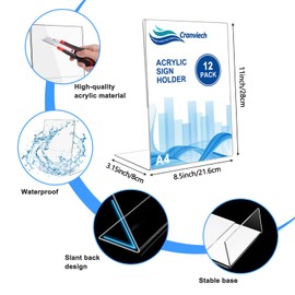 Cranviech 12 Pack Sign Holder 8.5 x 11, Acrylic Slant Sign Holders Clear Plastic Display Stand Acrylic Paper Signs Holder Photo Frame for Restaurants Hotels Menu Stores Office