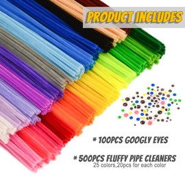 Kocopi 500 pcs Pipe Cleaners & 100 pcs Self-Adhesive Eyes.Thick,Soft,Fluffy Chenille Stems Bulk Set,25 Colors Fuzzy Wire Sticks for Crafts, Kids Gifts/Toys, Art Creative,Room Decor(6mm x 12inch)