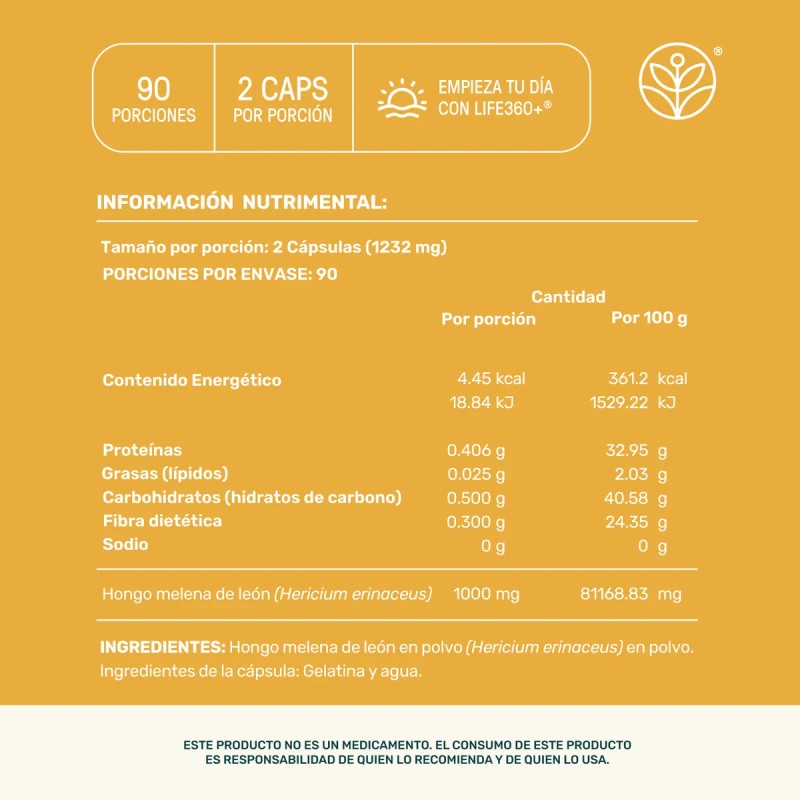 Melena De León Mushrooms Life 360+ 180 Cápsulas Hongo Melena