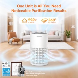 AIRROMI Air Purifier for Bedroom with True H13 HEPA 3-in-1 Filters, Pet Air Purifiers for Home Cat Pee Smell, Covers Up to 983 Ft, Quiet 360 intake...