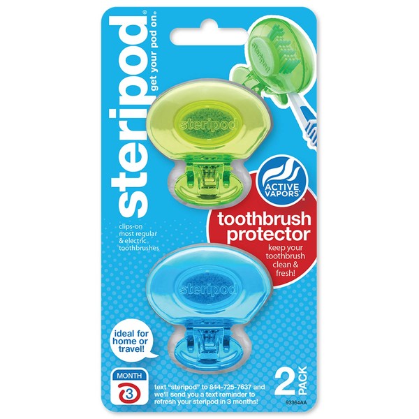 Steripod Clip-On Toothbrush Protector, Green and Blue, 2 Count