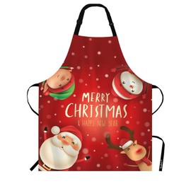 Beabes Santa Claus Snowman Reindeer Elf Snow Scene Kitchen Bib Apron Merry Christmas Cheerful Theme Polyester Adjustable Apron For Outdoor BBQ Gardening 27" X 31" For Chef Waitress
