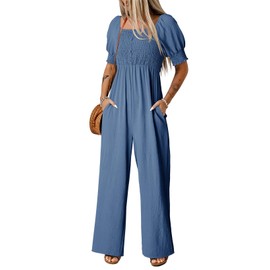 Dokotoo Jumpsuits for Womens 2025 Fall Ruffle Sleeves Cute Square Neck Maternity Jumper Wide Leg Pants Dressy Cruise Outfits Plus Size with Pockets for Parties,Ashleigh Blue Large