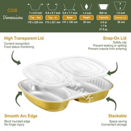 MESTAEK Aluminum Foil Pans of Divided Compartment with Snap-On Lids (5 Pack) | 2X Thicker Heavy Duty Reusable Container 27oz for Take-Out (Gold)