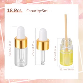 3ml Eye Dropper Bottles, 18Pcs Clear Mini Glass Dropper Bottles Essential Oil Bottles Empty Perfume Sample Vials Refillable Liquid Cosmetic Containers with 2 Funnels and 2 Plastic Droppers, Gold Cap