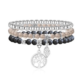 Women's Bead Tree of Life Bracelet: 3 x Bracelets for Women with Tree of Life Pendant Pink, Black, Purple Natural Stone Bangle for Mum, Friend, Daughter, Sister, Christmas, Thanksgiving, Birthday,