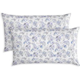 Unbranded Soft Blue Cotton Pillowcase Set of 2, Floral Printed Queen Size Pillow 10