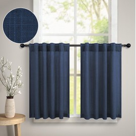 Navy Blue Linen Cafe Kitchen Door Curtains Tier 36 Inch Length Back Tab Pocket Semi Privacy Light Filter Energy Efficient Half Short Bedroom Curtains for Small Window Living Room Dining 3FT Long 30x36