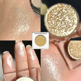 Golden Pressed Powder Glitter Eyeshadow, Fine Shiny Shimmering Waterproof Single Eyeshadow Highly Pigmented Eye Shadow, Metallic Golden Eye Makeup for Party Festivals, Gift for Women