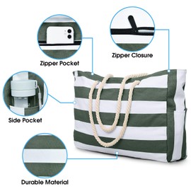oscaurt Beach Bags for Women Waterproof Beach Tote Bag with Zip Foldable Travel Bag Shoulder Bag Holiday Essentials Canvas Gym Bag Shopping Bags