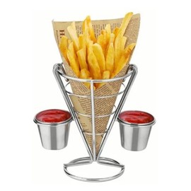 Tefola 1Pc French Fries Stand Cone Basket, French Fry Stand Basket Construction Spiral Cone Shape Iron Chrome Plated 14x10cm Steel Color for Restaurants