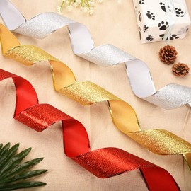 Lezevn 2.5 Inch x 6 Yards Wide Wired Edge Ribbon Christmas Glitter Sparking Shiny Ribbons Roll Christmas Tree Decorations Floral Wreath Bows Ribbon (Silver)