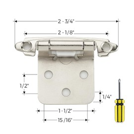 Ravinte 2 Pack 1 Pairs 1/2 Inch Overlay Cabinet Door Hinges Kitchen Satin Nickel Semi-Concealed Face Mount Self-Closing Cabinet Hinges with Bumpers & Screwdriver