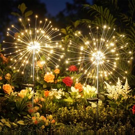 Brightown 150LED Solar Garden Lights Outdoor, 8 Modes 2 Pack Firework Fairy Lights for Outside Decorative, Solar Powered Stake Flowerbed Planter Decorations for Yard Pathway Patio Christmas,Warm White