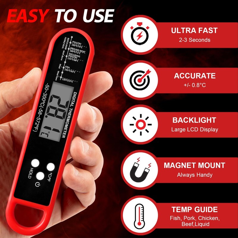 Meat Thermometer Instant Read Kitchen Tool - Digital Waterproof, Foldable,