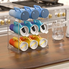 AWGOU Stackable Water Bottle Organizer for Cabinet, Bottle and Other Tumbler Organizer for Kitchen Cabinets,Clear Stackable Water Bottle Holder and Wine Rack