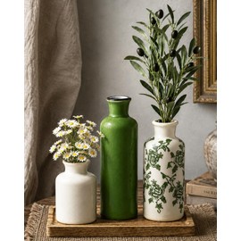6PCS Sage Green Ceramic Vase Set with Faux Daisy Flowers & Olive Branches, Wooden Tray Included, Rustic Farmhouse Greenery Aesthetic Decor Vases for Living Room Table, Bookshelf, Shelf Accents